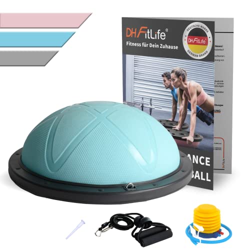 DH FitLife Balance Ball, Yoga Gleichgewichtstrainer Φ60*22cm bis 200 KG belastbar, halber Gymnastikball Fitness Balance Board, Balance-Board mit Pumpe und 2 Fitnessbändern, Blau