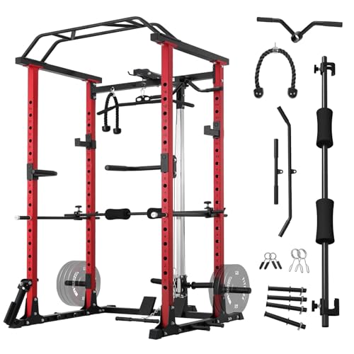 ZERELEK Power Cage, 1200 lbs Power Rack with LAT Pulldown, Multi-Function Squat Cage, Weight Cage with Pulley System, Squat Rack for Home Gym with Training Attachment